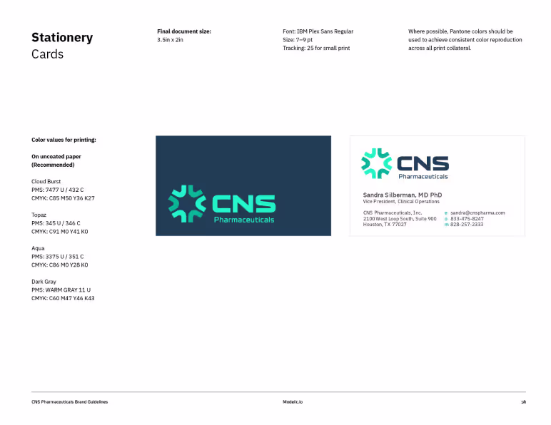CNS Pharmaceuticals Brand book page example